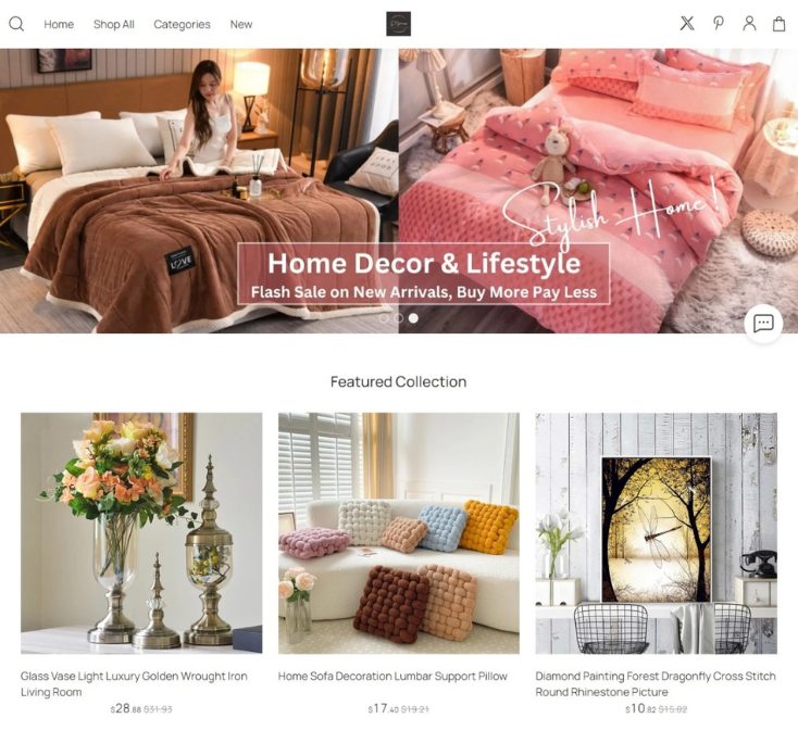 Stylish Home Decor website storefront showcasing a bedding collection