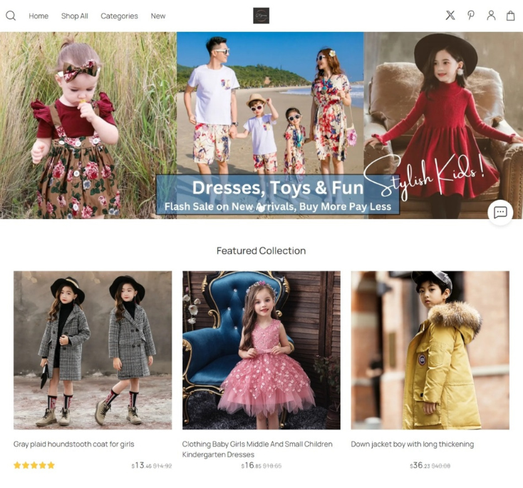 Kids' fashion website storefront showcasing a children's clothing collection