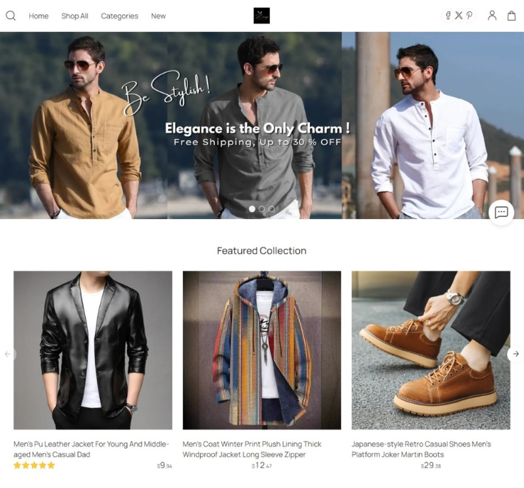 Modern Men's fashion website storefront showcasing a clothing collection