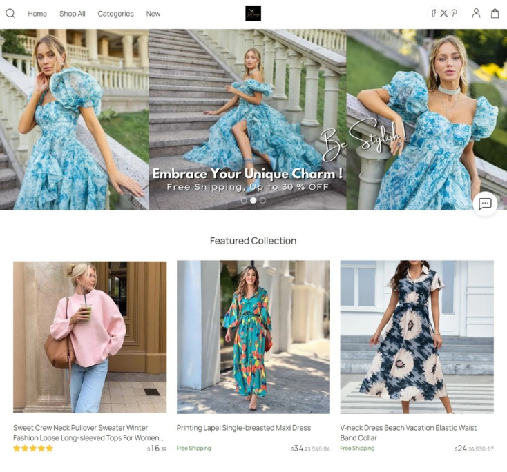 Elegant women's fashion website storefront showcasing a clothing collection