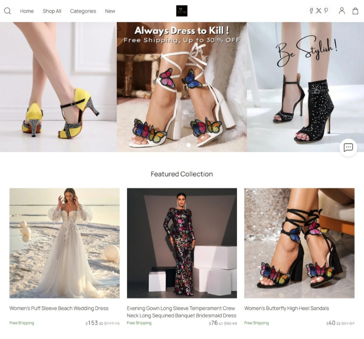 women's fashion website storefront showcasing a footwear collection