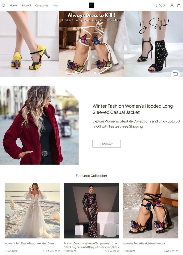 Modern website for a women's fashion store featuring a footwear collection